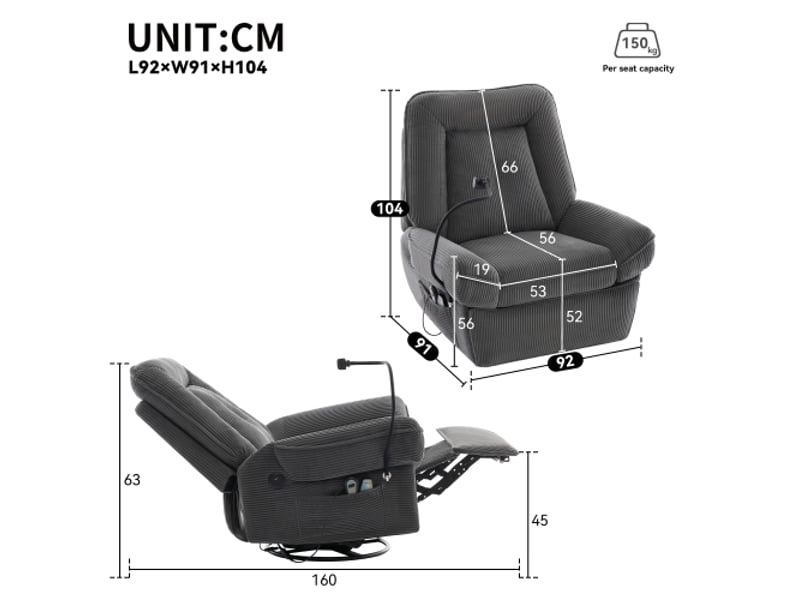 Fauteuil électrique - fauteuil de massage chauffage - inclinable - pivotant à 360° - avec port usb - gris - Conforama E