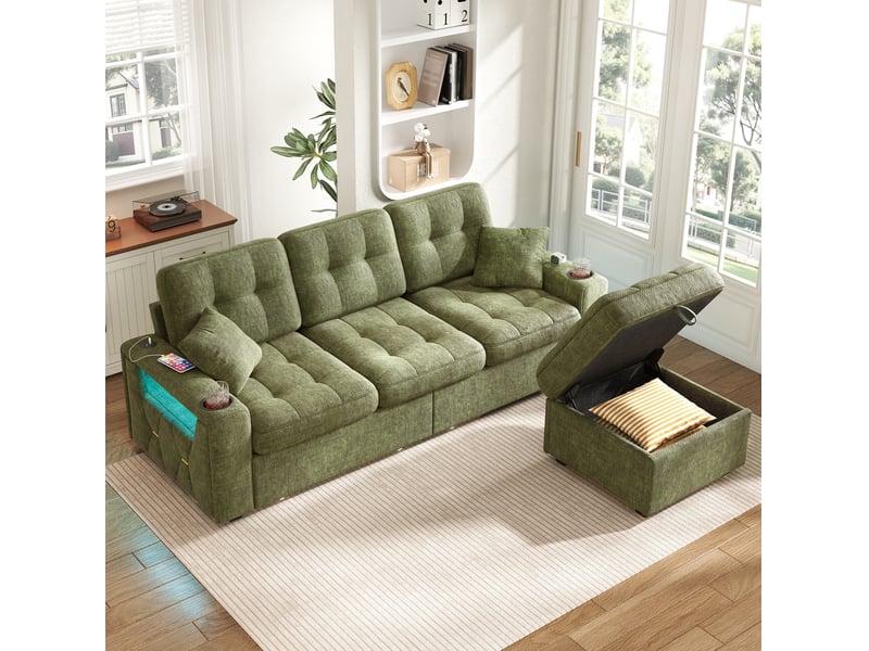 Canapé droit 3 places 194,5x133x83 cm avec rangement, led, usb-c, pouf, tissu chenille vert  - Conforama D