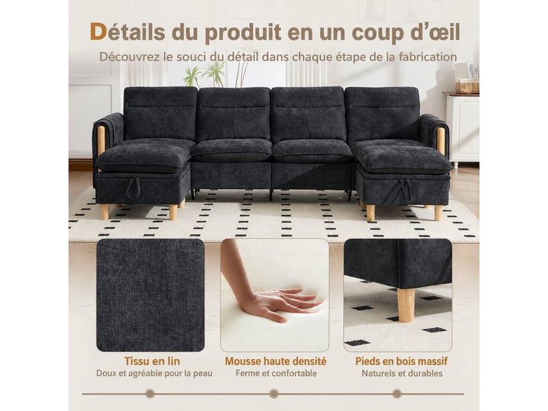  Canapé en u modulable 4 places, 2 poufs coffres, chenille noir, 261 cm  - Conforama D