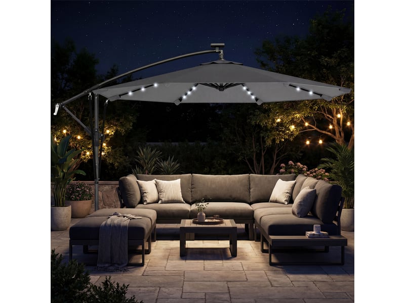 Parasol déporté parasol de jardin led solaire 32 lampes led manivelle uv 50+ et housse de protection ø 295cm gris - Conforama B