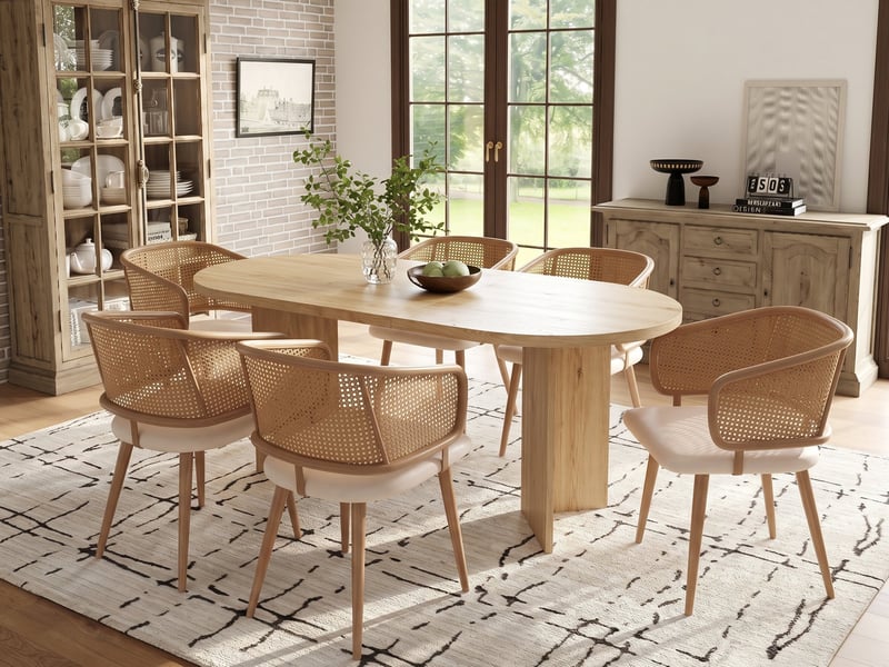 Ensemble table et 6 chaises de salle à manger, table 200x90 cm, chaises dossier rotin et coussins simili-cuir pu, style moderne - Conforama B
