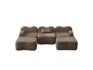 Canapé modulable 3 places en velours marron, design panoramique sans cadre avec 2 ottomans, structure ondulée pour salon moderne