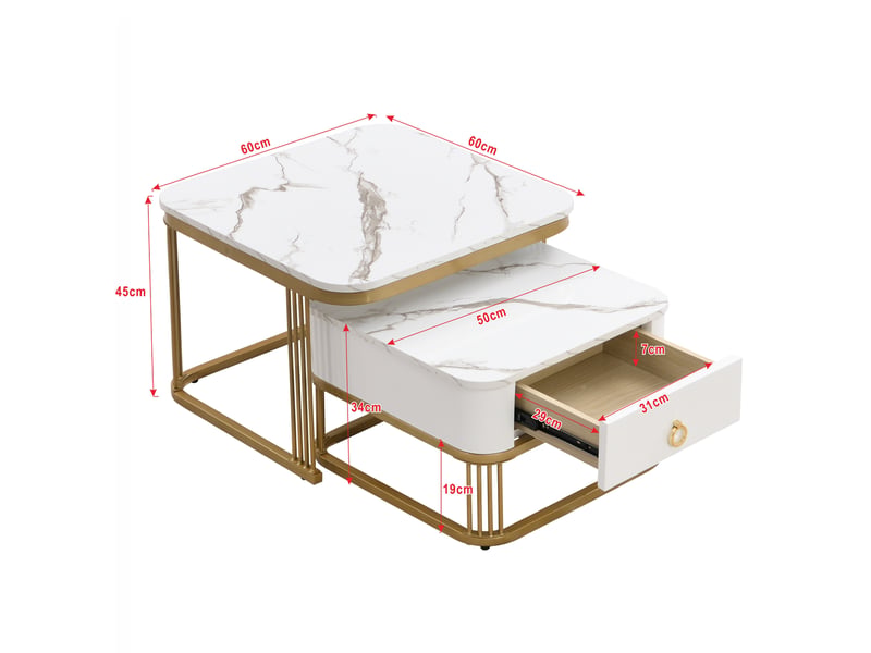  Tables basses gigognes avec 1 tiroir et plateau effet marbre, finition brillante, pour salon, blanc et doré  - Conforama D