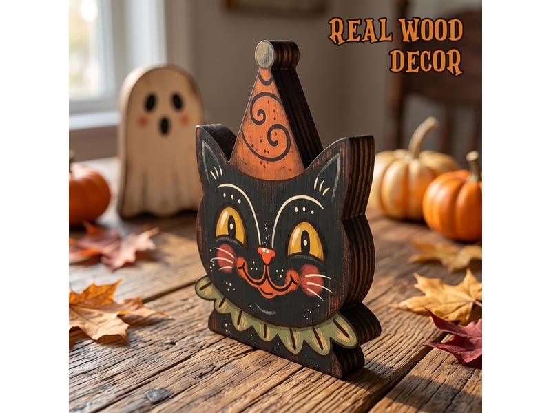  Décoration murale en bois halloween, panneau décoratif – chat noir et citrouille, pour intérieur  - Conforama B