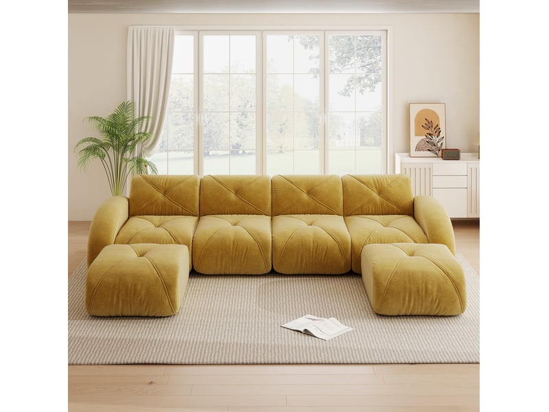  Canapé modulable en u 358x171x76 cm 4 places, sans montage, généreuse, assise, 2 poufs, avec, revêtement en chenille, jaune  - Conforama E