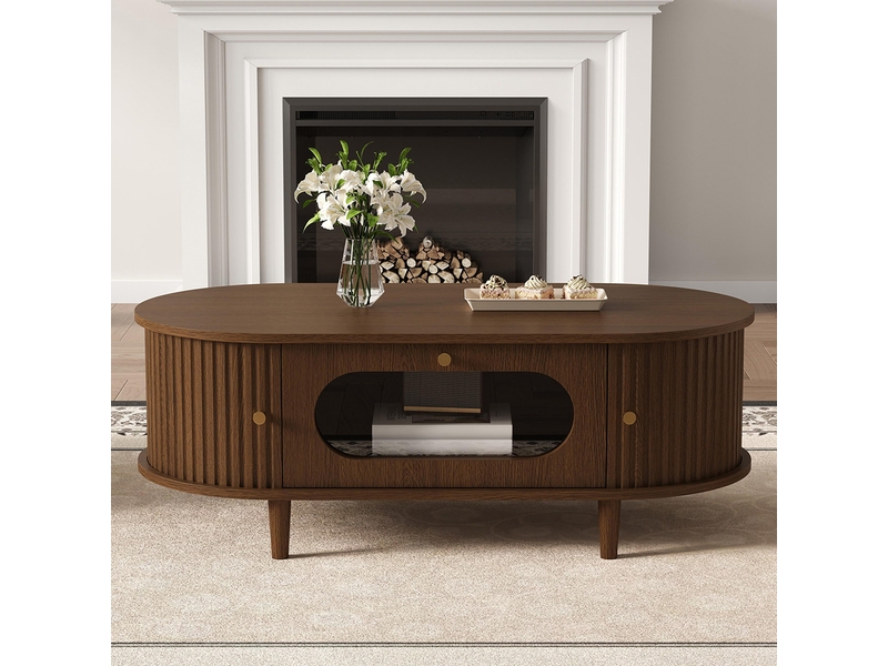 Table basse de salon 100 x 50 x 36 cm, avec un tiroir, un volet roulant et 4 pieds, couleur noyer - Conforama B
