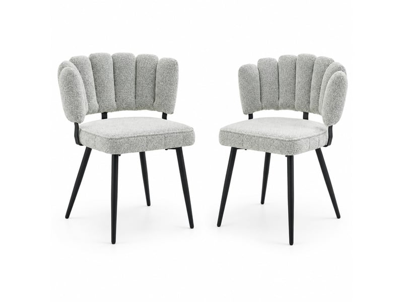  Lot de 2 chaises de salle à manger à dossier fleur  - assise rembourrée tissu bouclette gris clair et métal noir  - Conforama A