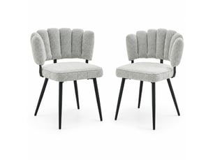 Lot de 2 chaises de salle à manger à dossier fleur - assise rembourrée tissu bouclette gris clair et métal noir