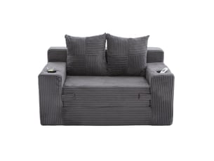 Canapé compact 2 places en velours côtelé, 2 coussins, porte-gobelet et poches latérales, 151 × 133 × 64 cm, gris