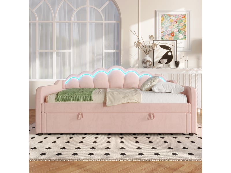  Lit coffre 90x200 cm - lit banquette avec coffre hydraulique et éclairage led - sans matelas - revêtement en velours doux - rose  - Conforama D