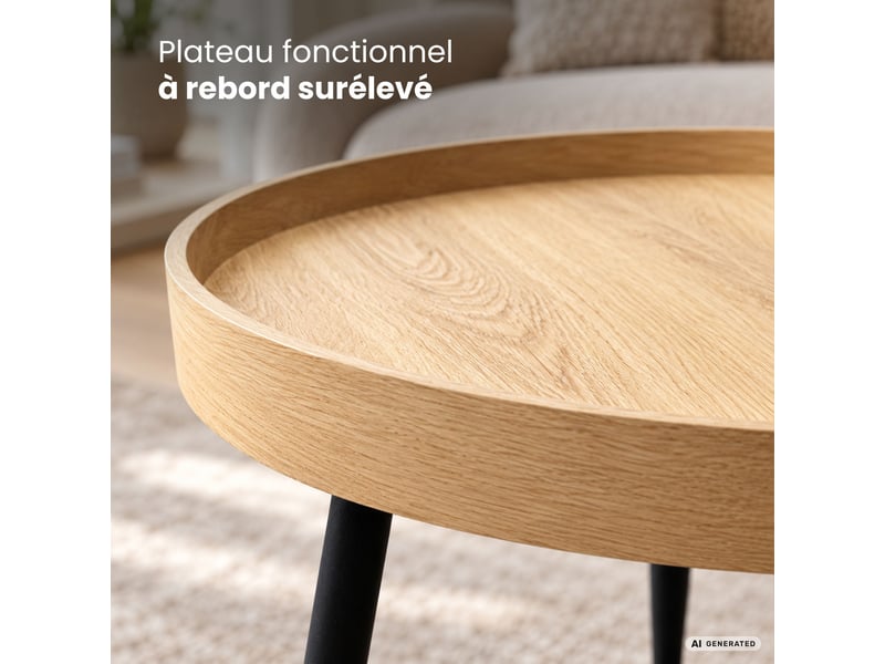  Table basse picco coloris bois naturel 40 cm ronde avec plateau à rebord pieds noirs style industriel 40x40x40 cm PICCO - Conforama D