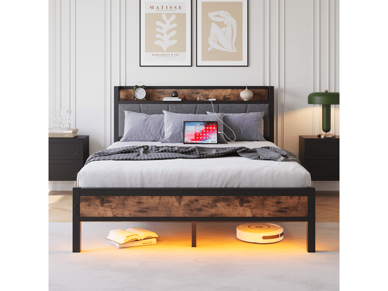  Lit double 140×200 cm avec tête de lit, rangement, led réglable, usb et prise - okmyhome- marron antique, sans matelas  - Conforama C