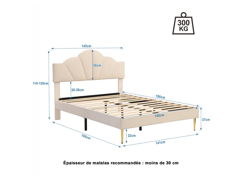  Lit rembourré en velours beige 140 x 190 cm  - Conforama C