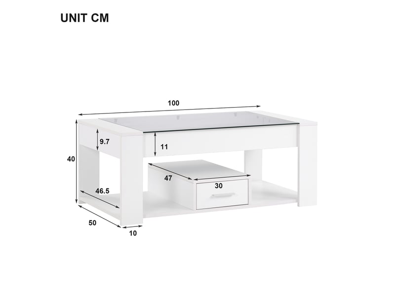  Table basse salon 100x50x40 cm, 2 tiroirs, plateau en verre trempé, rangement, panneaux de particules, blanc  - Conforama C