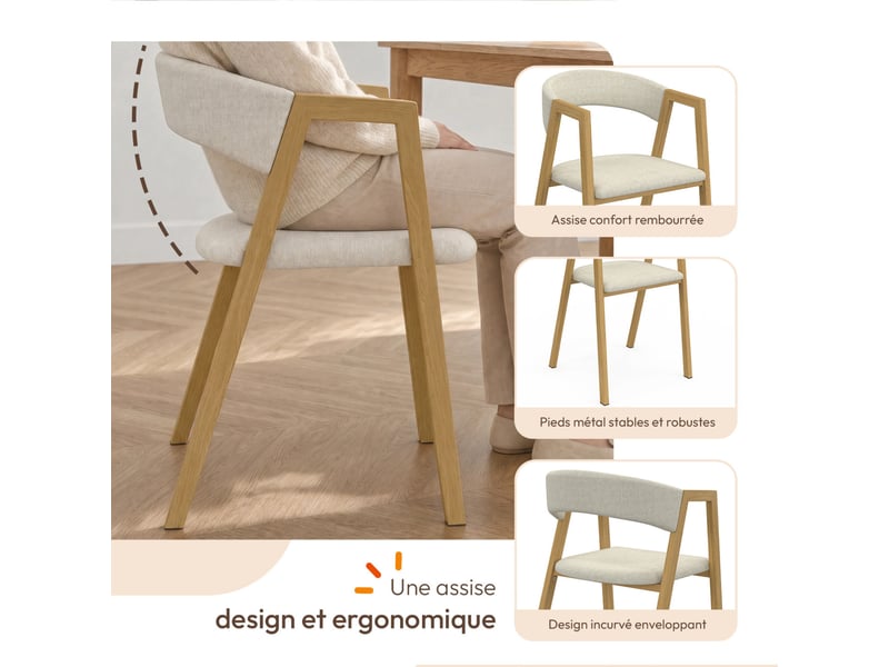  Lot de 6 chaises camille en métal effet bois et tissu beige avec accoudoirs  - Conforama C