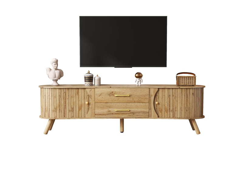  Meuble tv 160x36,5x55 cm, 2 tiroirs, portes coulissantes, façades texturées, pieds bois, grand rangement pour salon - naturel  - Conforama A