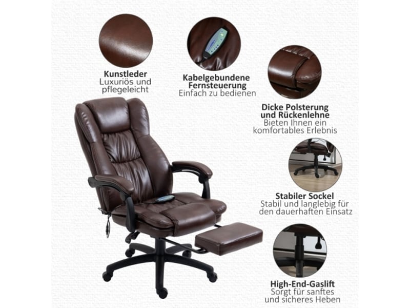  Chaise de bureau massante en similicuir marron, appui-tête, repose-pieds, réglable, 68,5x68,5x113-121 cm  - Conforama D