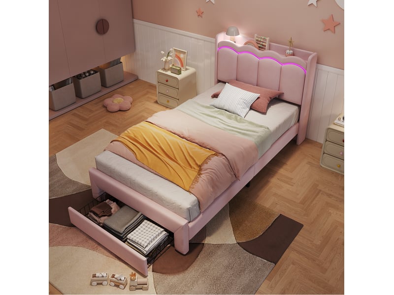  Lit enfant 90x200 cm avec tiroir, led contrôlée par application, velours rose, sans matelas  - Conforama W