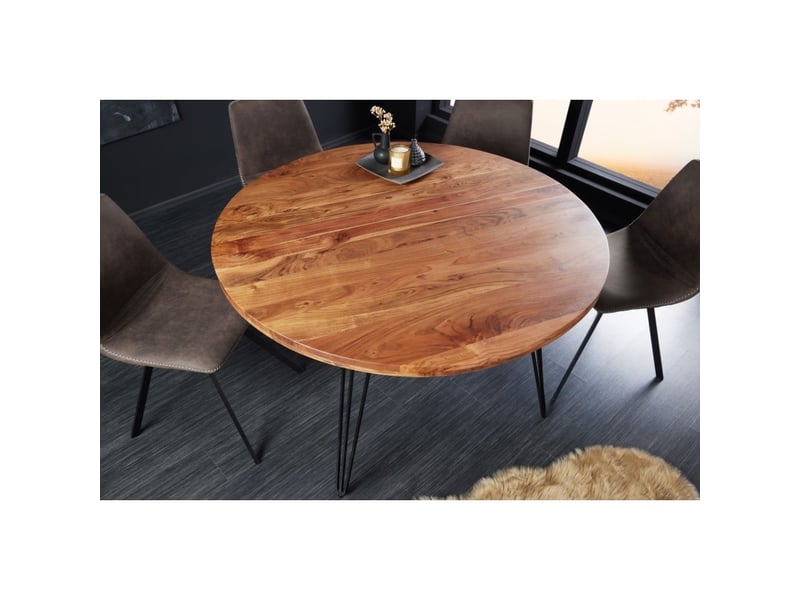  Table de salle à manger silva – bois massif d'acacia et métal noir – 120 cm – plateau épais 45 mm – style industriel  - Conforama E