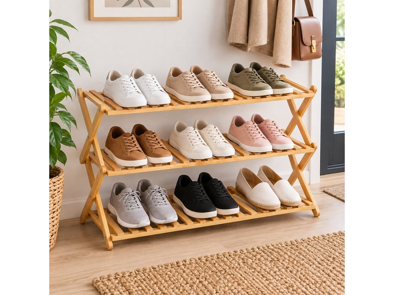  Étagère à chaussures pliable 3 niveaux en bambou naturel, capacité 9 paires - longueur 68 x profondeur 25 x hauteur 46 cm  - Conforama B