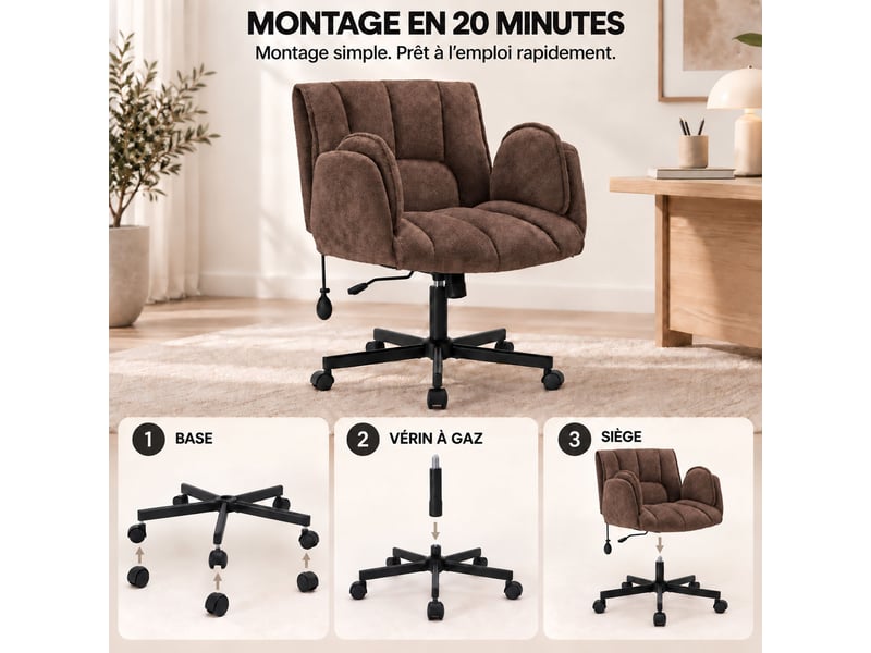 Fauteuil ergonomique tissu accoudoirs rabattables, coussin lombaire gonflable, assise large, pivot 360° 150kg-marron - Conforama C