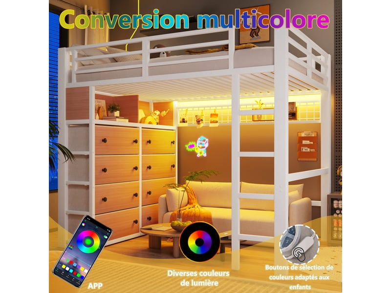Lit mezzanine enfant 2 places 140×200 cm, 8 tiroirs, led et étagères - okmyhome- blanc, métal, sans matelas - Conforama E