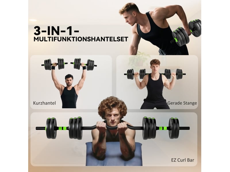 Set d'haltères réglables 20 kg 140 x 20 x 20 cm – vert – 3-en-1 avec barres droite et ez, musculation - Conforama D