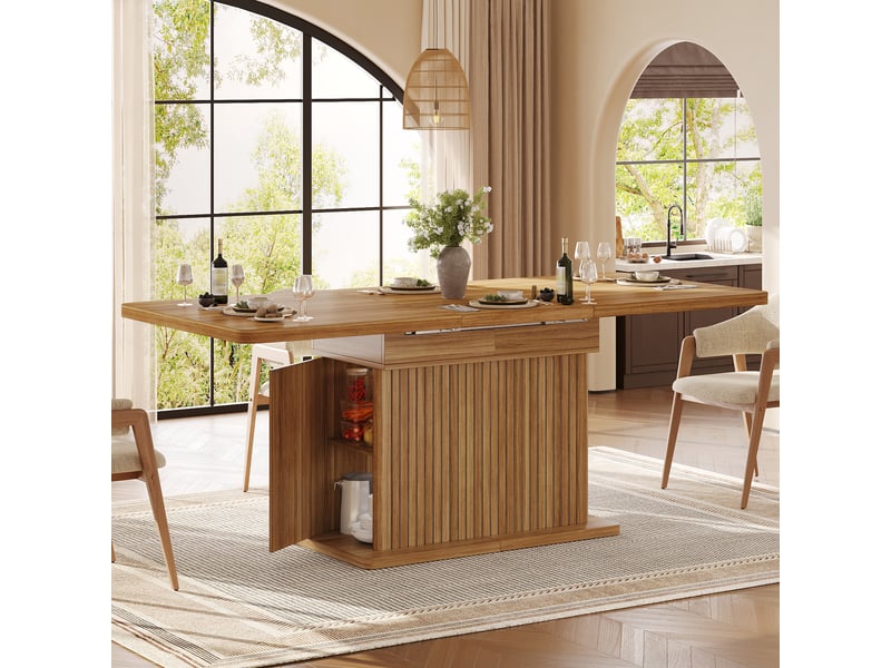  Table à manger extensible 120-160 cm, table multifonction avec rangement caché et lattes en relief, plateau rabattable, aspect bois foncé  - Conforama D