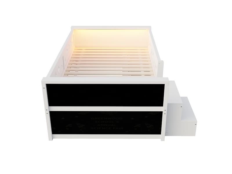  Lit simple enfant 90x200 cm - 4 tiroirs et rangement - tête de lit led - tableau noir, marchepied et barrières - blanc  - Conforama R