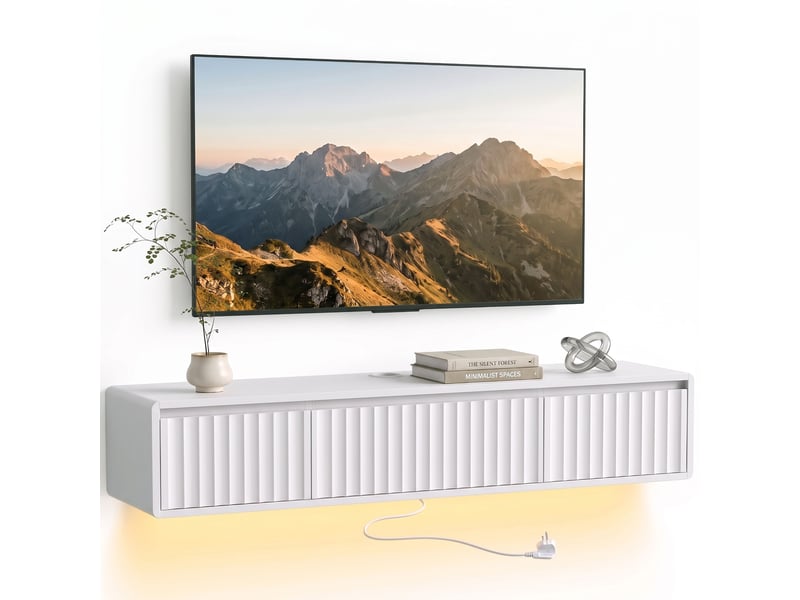  Meuble tv suspendu avec led et prises 2 tiroirs blanc 120 cm  - Conforama A