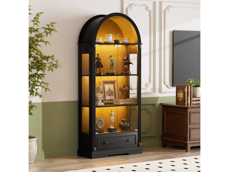 Vitrine avec portes vitrées, niches ouvertes et éclairage led à détection de mouvement pour salon en mdf noir - Conforama E