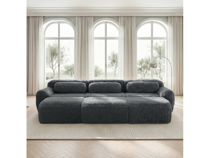  Canapé convertible modulable 3 places avec 3 ottomans en tissu peluche gris  - Conforama C