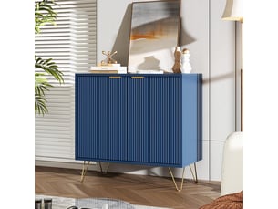 Buffet 80x40x78cm - meuble de rangement cannelé avec 2 portes, étagère réglable & pieds métal dorés - bleu marine