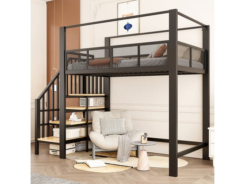 Lit mezzanine 1 place 90 x 200 cm en métal noir avec baldaquin, escalier sécurisé à rangements, garde-corps en maille et espace libre sous le lit - Conforama C