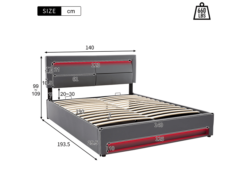  Lit rembourré 140 x 190 cm gris en pu-lychee avec led, usb et rangement, sans matelas  - Conforama E