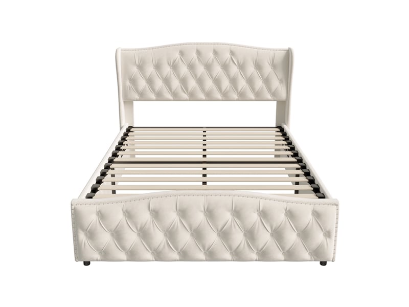  Lit coffre 140x200cm - lit double 140x200 avec tête de lit capitonnée vague, rivets, coffre &amp; velours - beige  - Conforama A