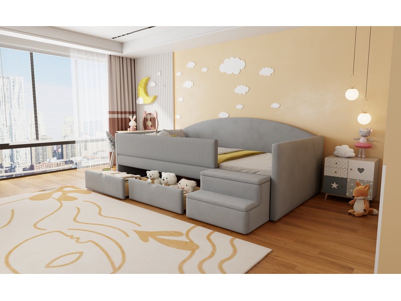  Lit banquette 90x190 cm enfant avec 2 tiroirs de rangement et barrières de sécurité - velours gris clair, sans matelas  - Conforama B