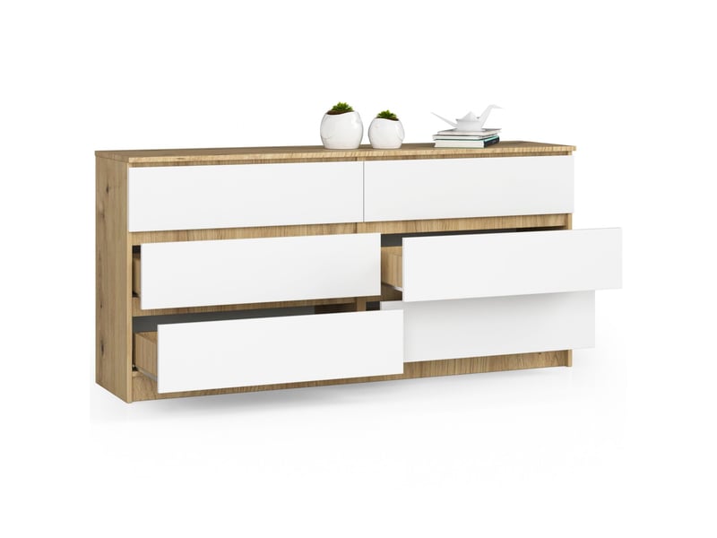  Grande commode pour le salon akord k160 chêne artisan 160 cm 6 tiroirs façade blanche 160x40x77 cm  - Conforama C