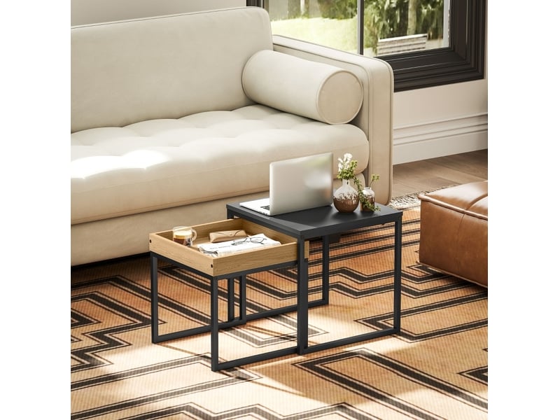  Tables basses gigognes 2 pièces avec plateau amovible, piètement en acier et mdf mélaminé, noires pour salon  - Conforama B