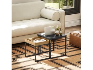Tables basses gigognes 2 pièces avec plateau amovible, piètement en acier et mdf mélaminé, noires pour salon