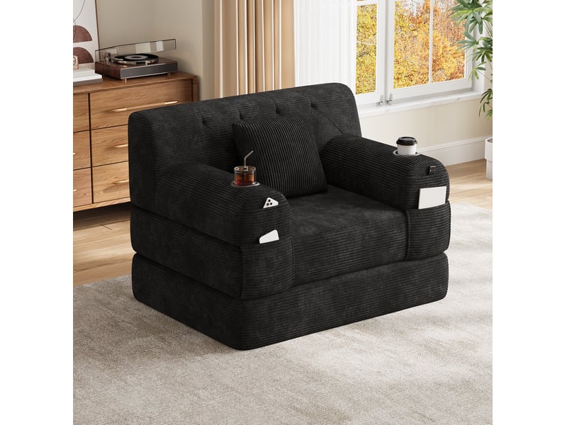  Canapé-lit 1 place tcqpz 107 x 80 x 81 cm convertible en velours côtelé noir avec 4 poches et 2 porte-gobelets  - Conforama D