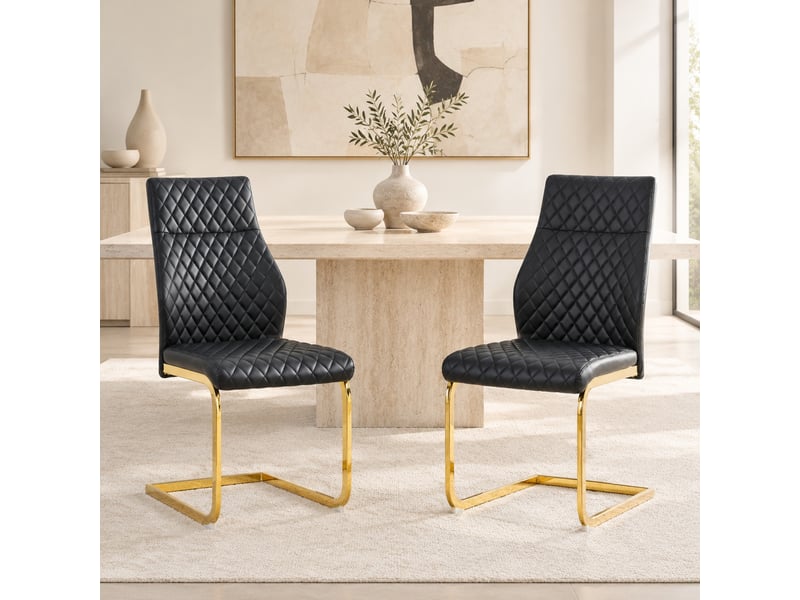  Chaises de salle à manger lot de 2 à dossier haut capitonné  - pieds antidérapants métal doré, simili cuir noir  - Conforama C