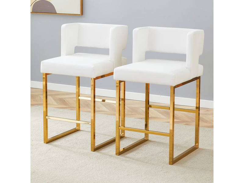  Lot de 2 tabourets de bar 53x48x91 cm, chaises hautes avec assise carrée, meuble cuisine, pieds métal doré, pu blanc  - Conforama W