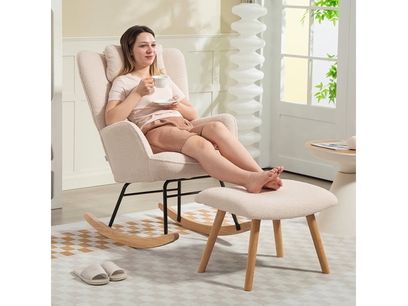 Fauteuil à bascule avec repose-pieds, dossier haut ergonomique et coussin lombaire en polyester beige - Conforama C