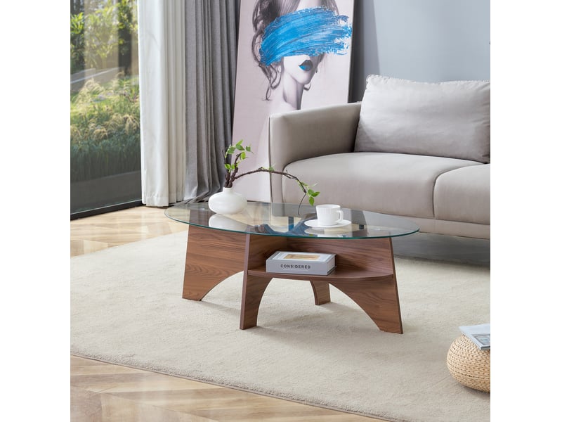 Table basse ovale 104,9x60x35,6 cm, table de salon, plateau en verre, pour salon, mdf, élégante, transparent et noyer - Conforama D