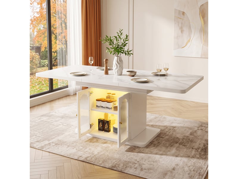Table à manger extensible 150-200x80x76 cm pour 6-8 personnes avec rangement, plateau épais et led, style scandinave, mdf, blanc effet marbre - Conforama D
