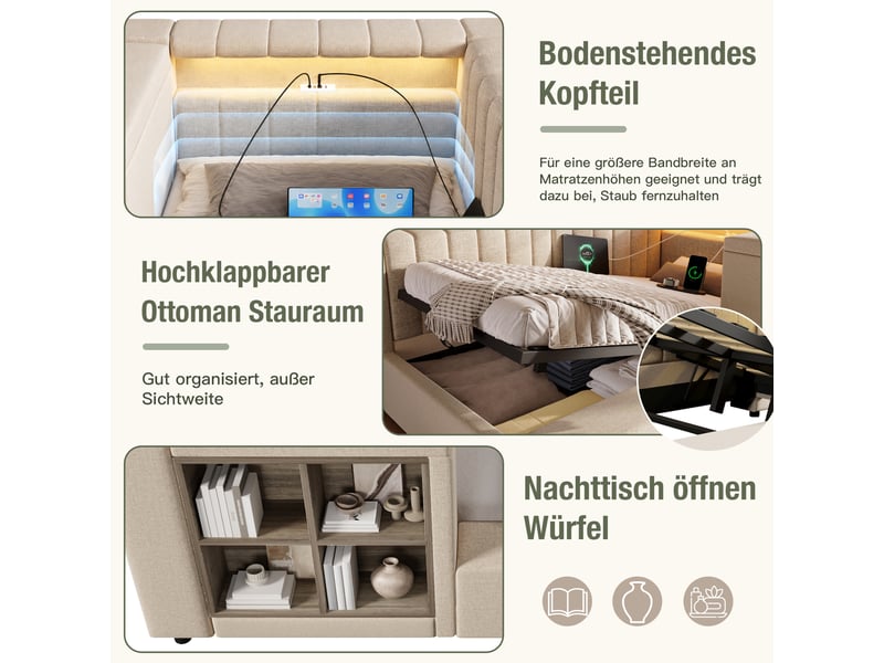  Lit banquette coffre 140x200 cm, banquette-lit, ouverture hydraulique, éclairage led, ports usb et type-c, sommier à lattes, lin beige CozyNest - Conforama E