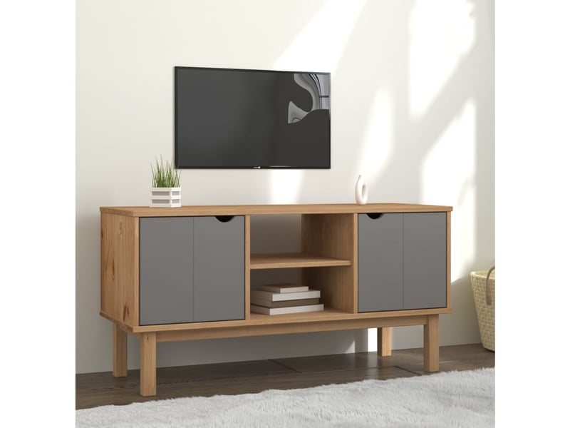  Meuble tv - banc tv - meuble de rangement - marron et gris 113,5x43x57 cm bois massif pin fr10001  - Conforama B