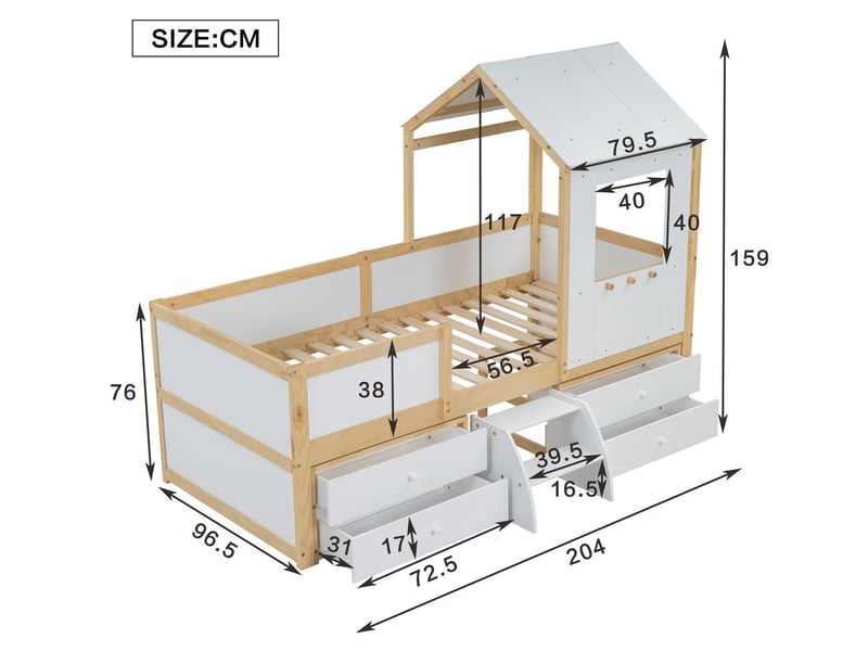  Lit enfant 90x200 cm lit cabane 1 personne clôture sur quatre côtés avec 4 tiroirs et petit escalier, blanc + naturel  - Conforama C