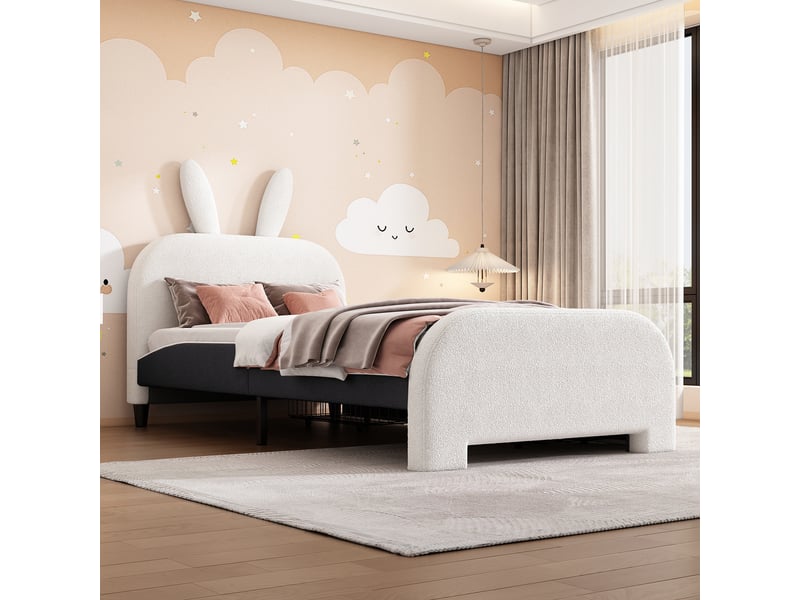 Lit avec rangement 90 x 200 cm - lit simple forme lapin avec tiroirs - peluche + mdf - sans matelas - blanc - Conforama C